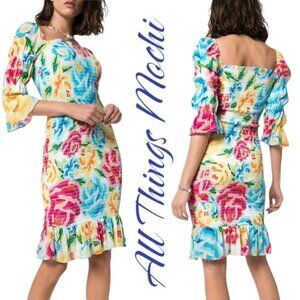 NWT ALL THINGS MOCHI Marianna Silk Smocked Bold Floral‎ Ruffle Mini Dress, Small